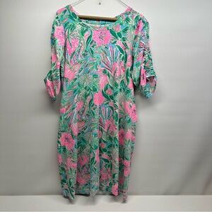 Lilly Pulitzer Floral Print  Dress with Ruched Sleeves size XL